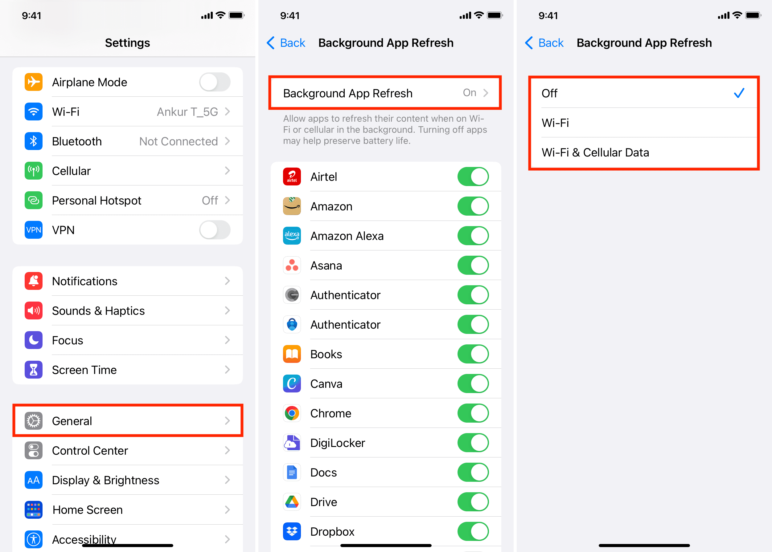 iOS Background App Refresh settings interface