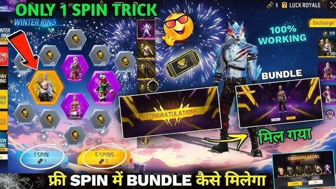 Интерфейс набора из десяти вращений за алмазы в Free Fire Ring Spin
