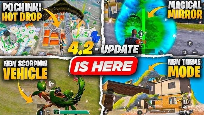PUBG Mobile 4.2 Scorpion vehicle skins variants including Forest Camouflage and Golden Elite