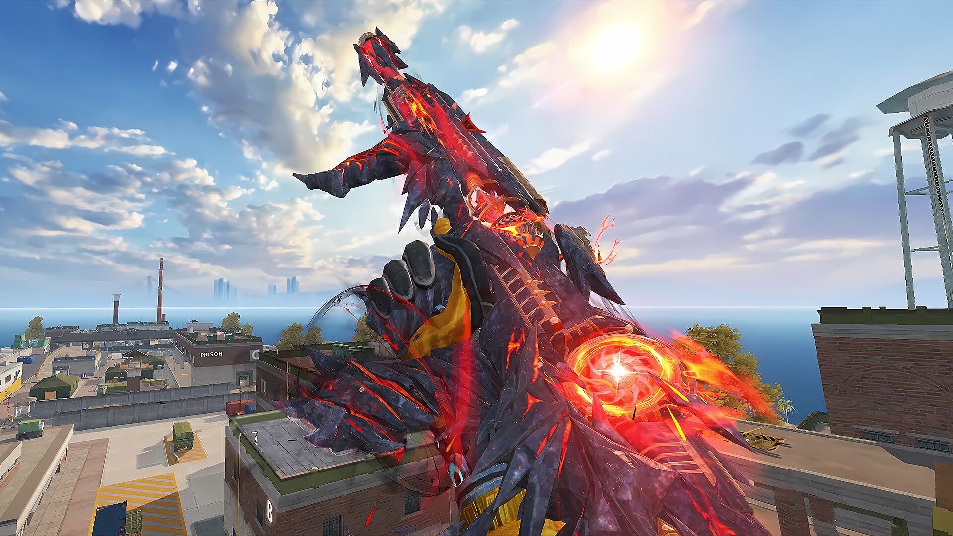 Blood Strike first-person view of a volcanic weapon skin over a prison-yard map