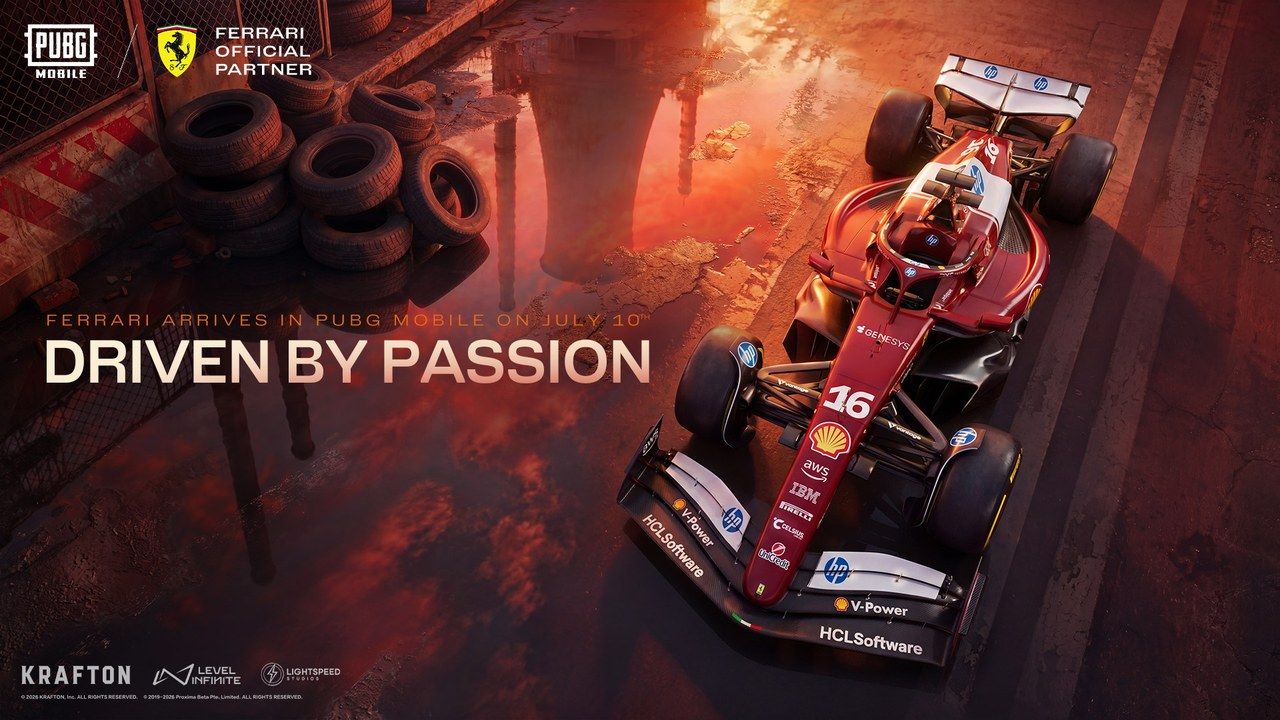 PUBG Mobile official render of the Scuderia Ferrari HP F1 car on a battleground stand