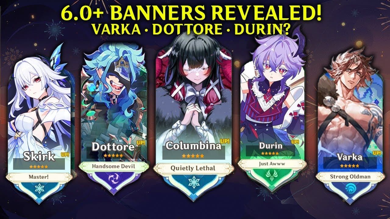 Genshin Impact characters Durin, Columbina, and Varka official art