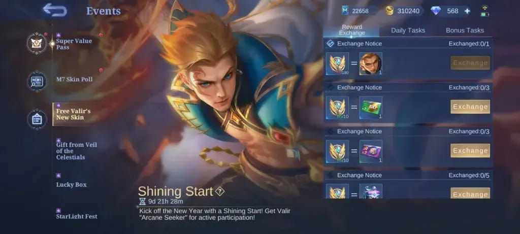 Экран миссий события Mobile Legends Bang Bang с наградами в виде билетов Task Master