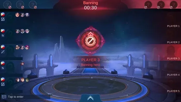 Интерфейс режима драфта Mobile Legends, показывающий фазы банов и пиков