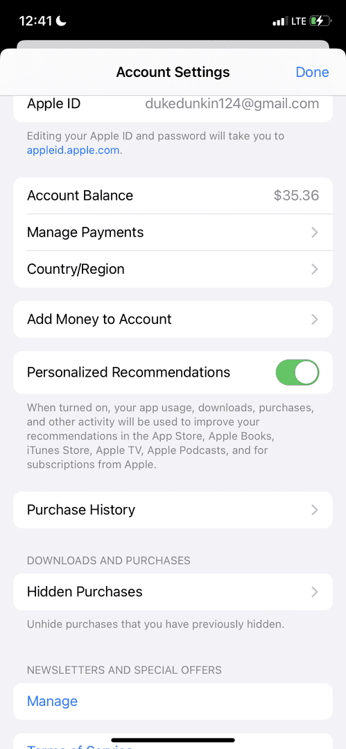 iOS settings for Apple Gift Card region check