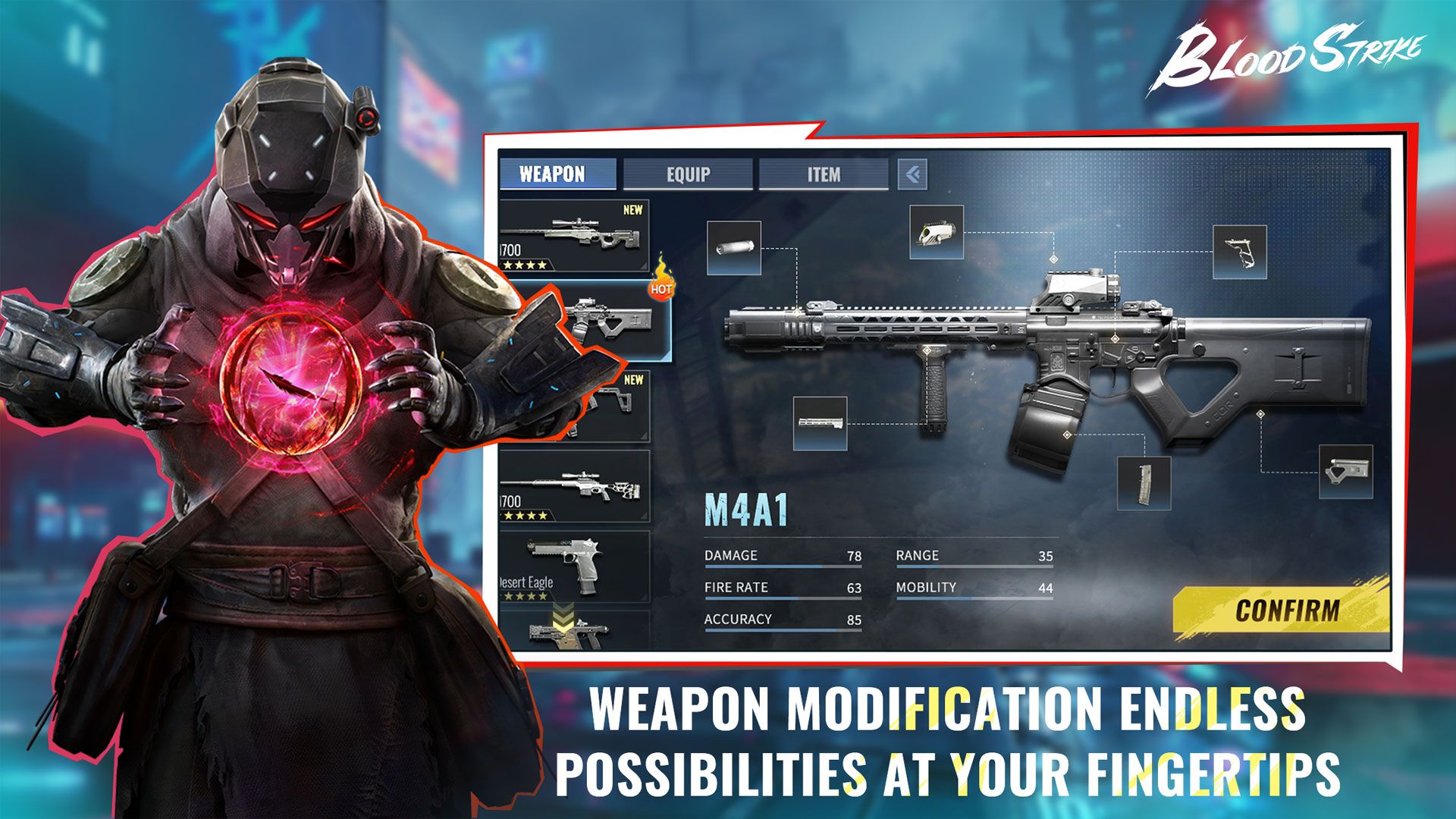 Официальный оружейный верстак M4A1 в Blood Strike. Модификации меняют отдачу, но они не заменят настройку чувствительности стрельбы