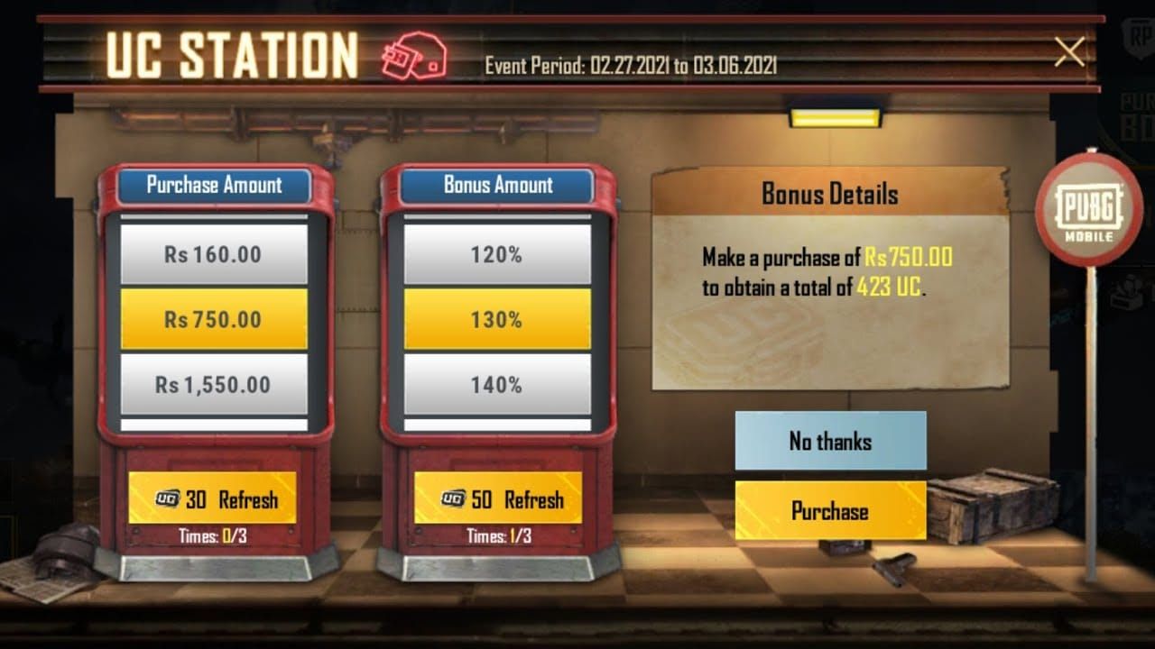Экран события PUBG Mobile UC Station с бонусными наградами