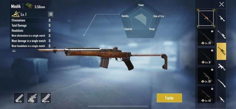 Экран статистики оружия PUBG Mobile Mini-14, показывающий значения урона и точности
