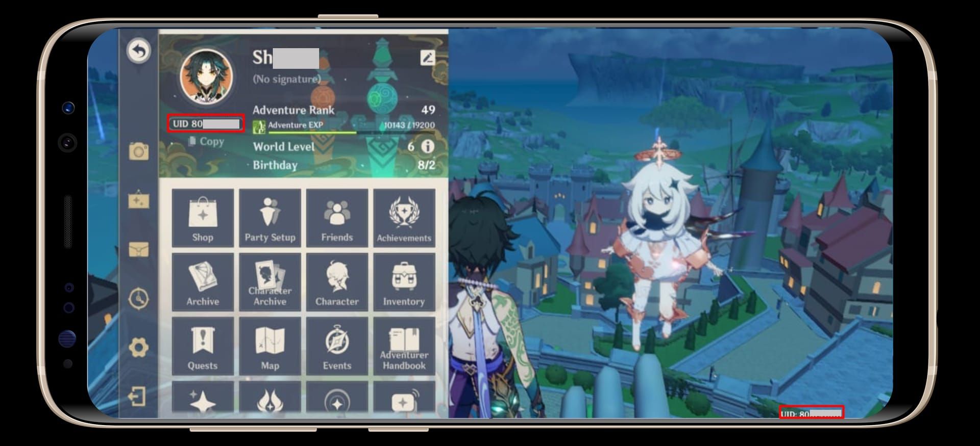 Genshin Impact player profile interface showing 9-digit UID location