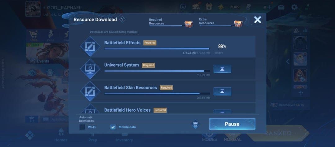 Honor of Kings interface for resource download and management settings