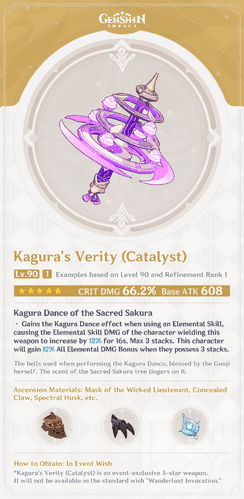 Kagura's Verity catalyst weapon displaying stats and passive ability for Yae Miko
