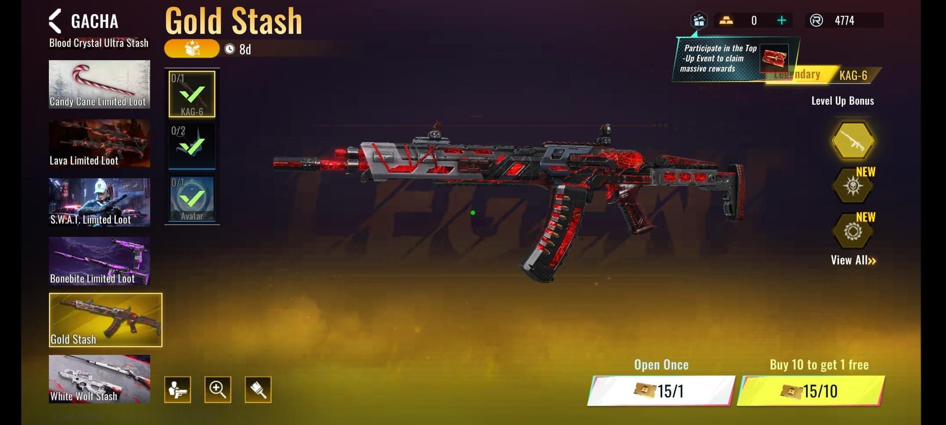 Blood Strike Stash Vouchers redemption interface with Gold and item options