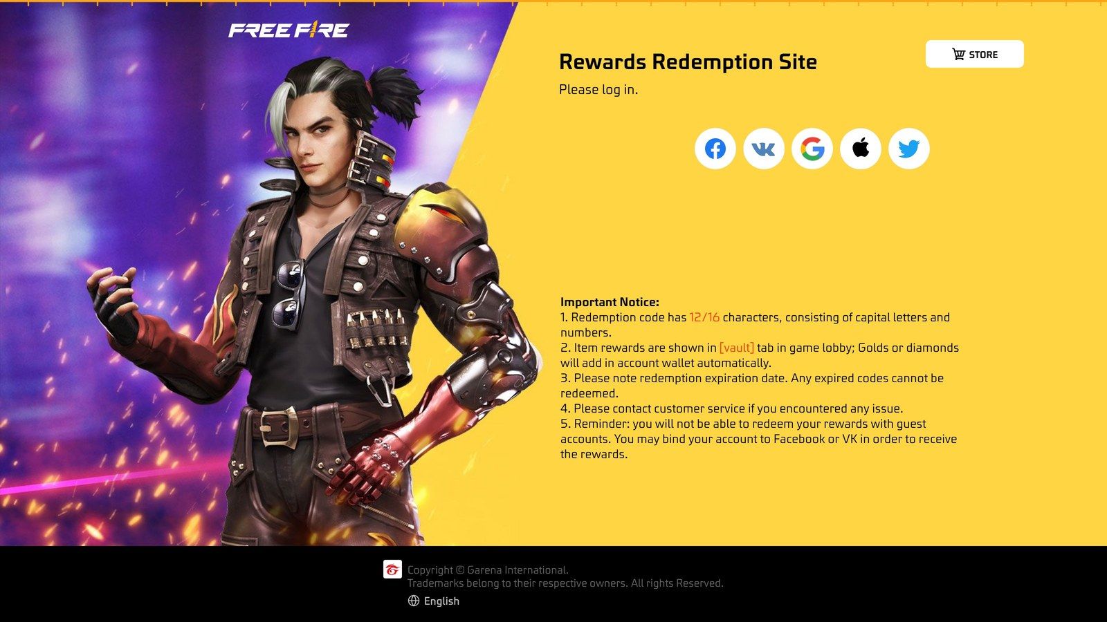 Вход на официальный сайт активации наград Garena Free Fire для активации кодов на алмазы