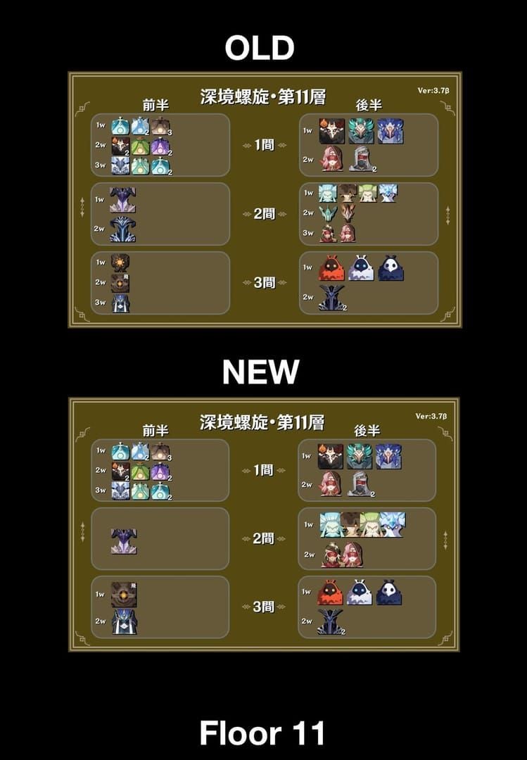 Map of Abyss Floor 11 chambers with enemy weak points in Genshin Impact
