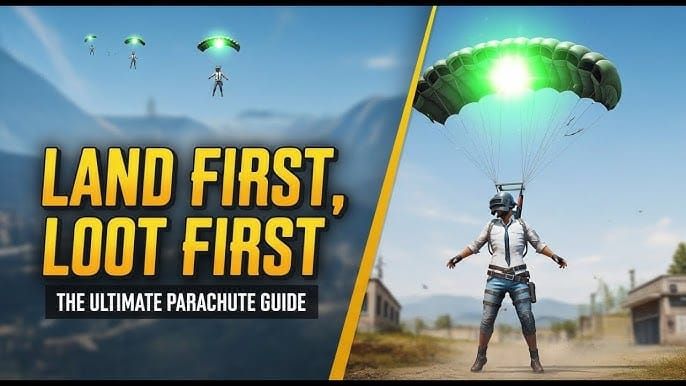 Стратегия приземления с парашютом в PUBG Mobile, показывающая время прыжка на 750-800 метров и технику планирования