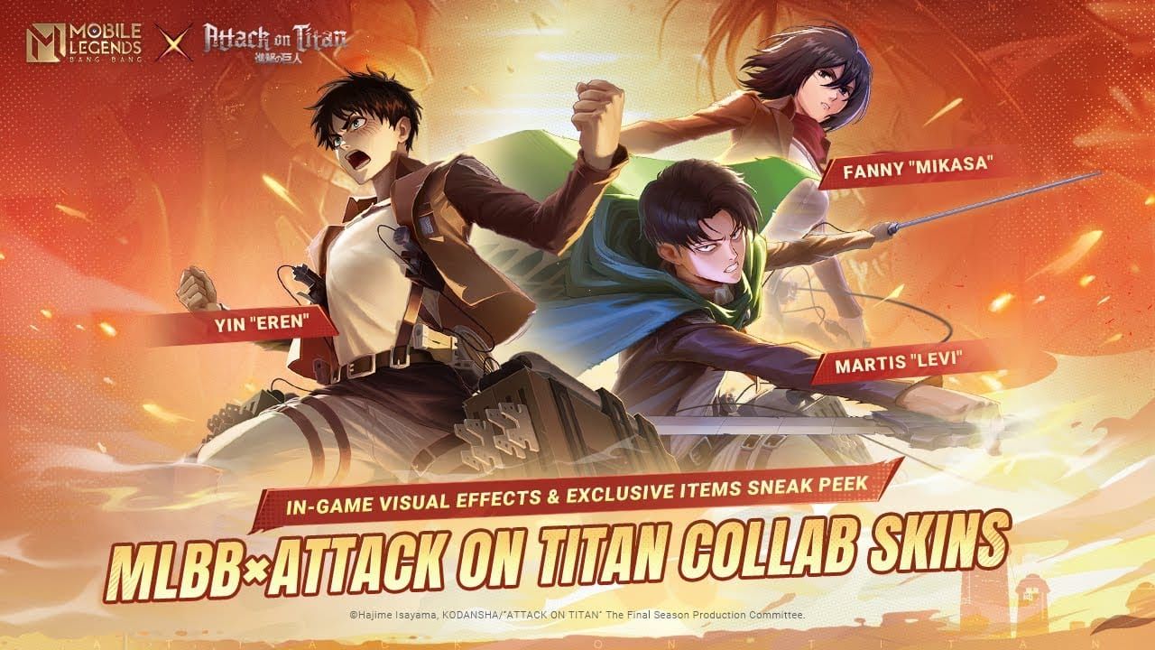 Скины коллаборации Mobile Legends Attack on Titan, демонстрирующие Инь в роли Эрена, Мартиса в роли Леви и Фанни в роли Микасы