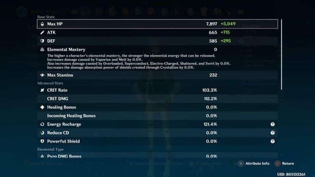 Screenshot of Xingqiu's character interface in Genshin Impact showing ER stats and build example