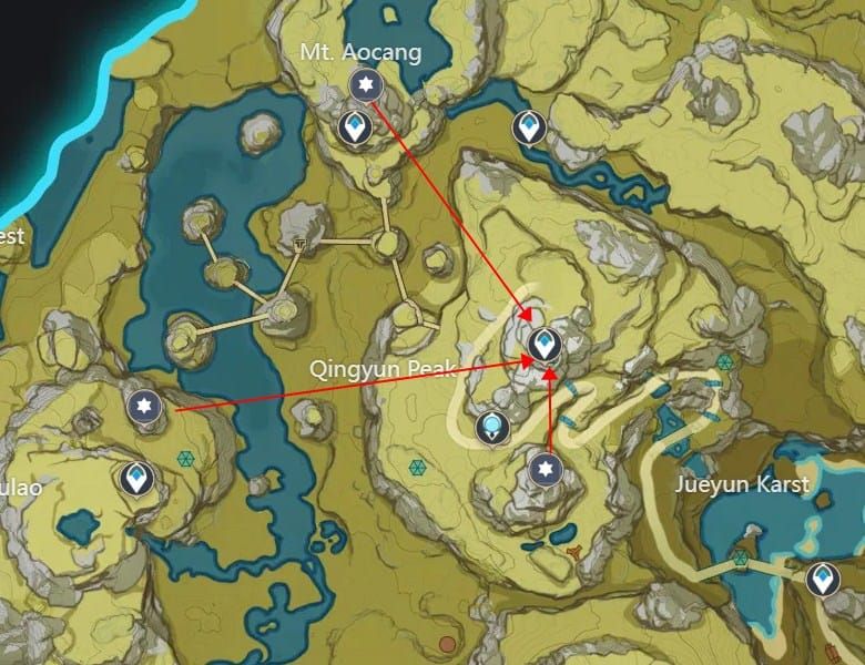 Map guide showing crane statue locations for Adeptus' Temptation recipe quest