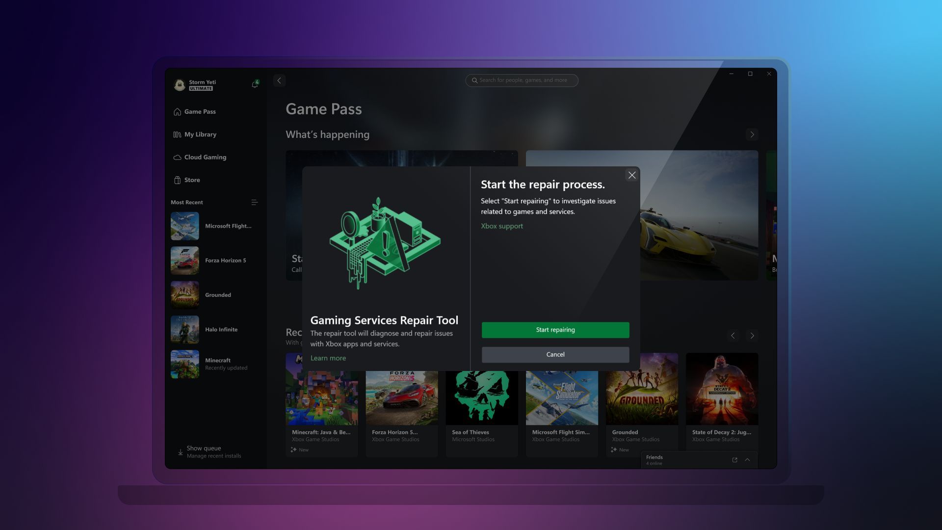 Интерфейс приложения Xbox для ПК: запуск диагностики через средство исправления Служб игр
