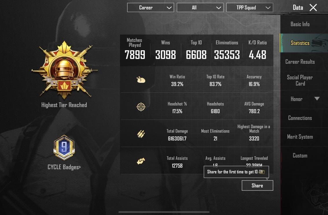 PUBG Mobile progress tracking interface showing WOW Pass statistics and performance metrics