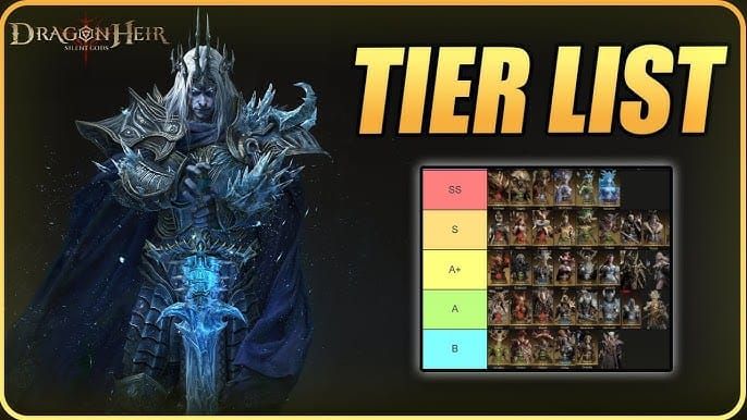 Collection of S-tier legendary characters from Dragonheir Silent Gods including Nastjenka, Berengar, Flora, Ergander, and Acilia