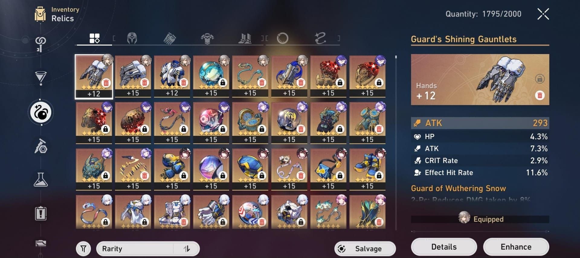 Honkai Star Rail relic inventory interface displaying 5-star relics and planar ornaments