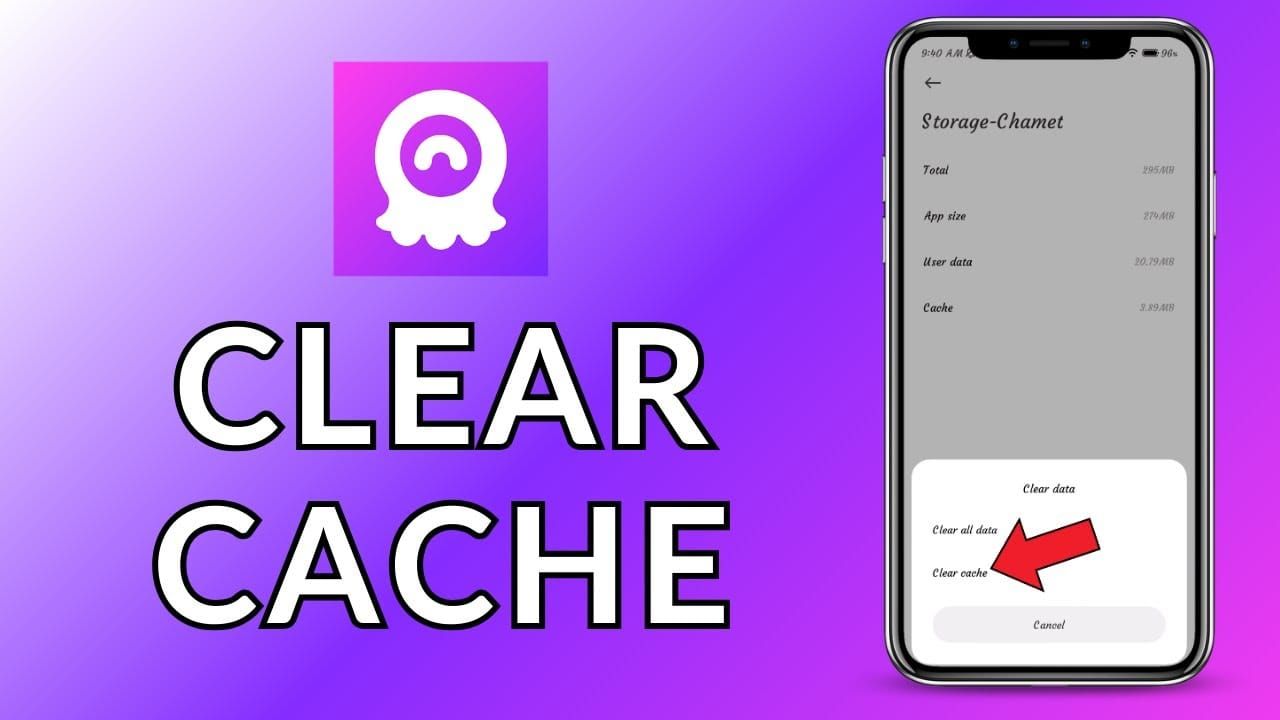 Android device settings screenshot guiding cache clear for Chamet app