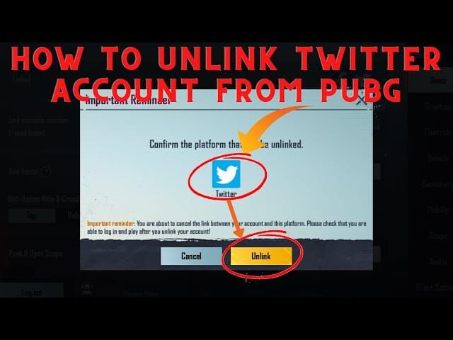 PUBG Mobile Twitter login unlink submenu with details and remove button