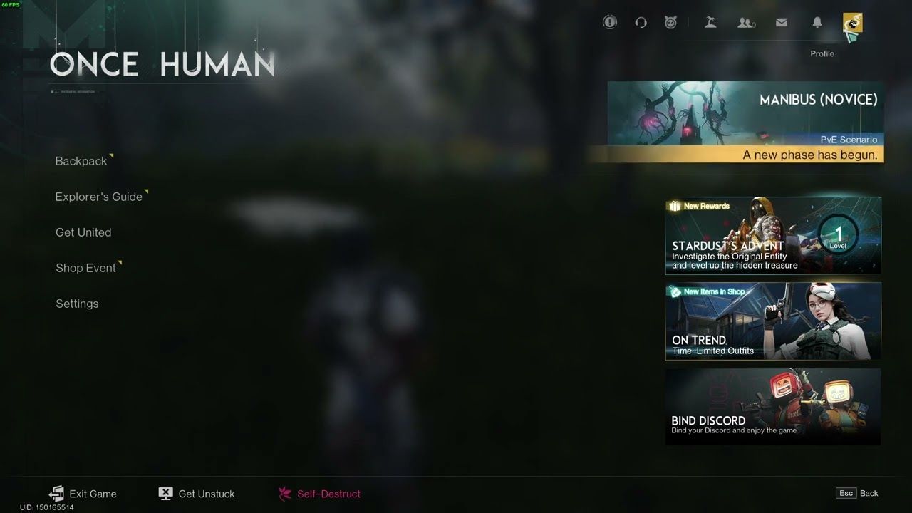 Экран инвентаря Once Human с указанием расположения UID игрока в левом нижнем углу