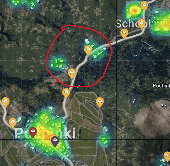 Карта Эрангеля в PUBG Mobile, показывающая оптимальные места приземления в соло-режиме