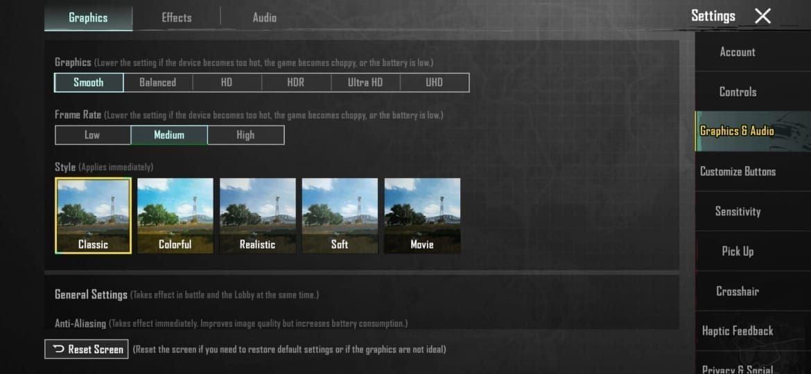 PUBG Mobile graphics settings menu with Smooth and Extreme FPS options