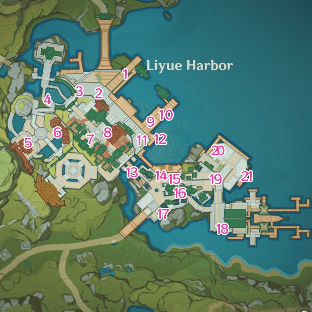 Guide map of Lantern Rite 2026 Fortune Coins route zones in Liyue Harbor