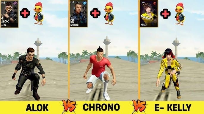 Персонажи Free Fire Alok, Chrono и Kelly с описанием навыков для восстановления очков чести