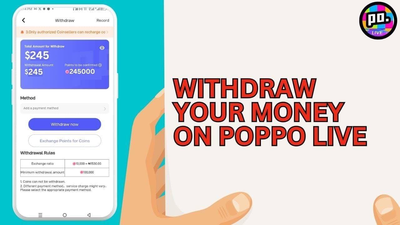 Poppo Live withdrawal process showing navigation from Agency Management to Host Salary Settlement